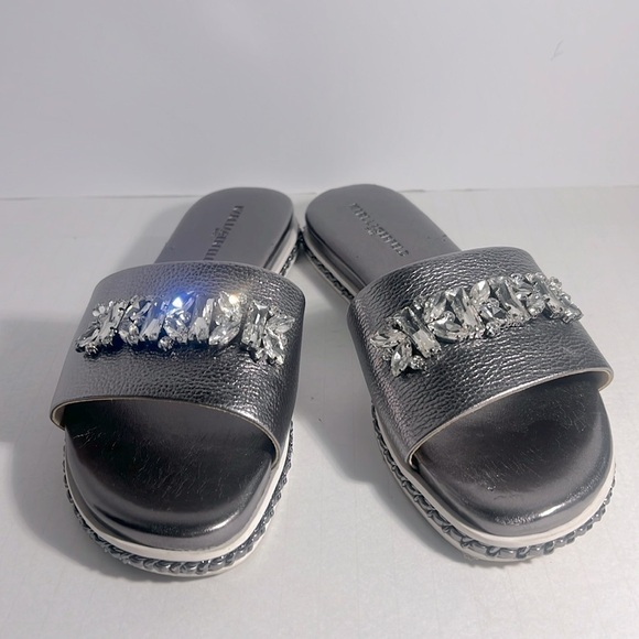 Karl Lagerfeld Shoes - KARL LAGERFELD Women's Silver Metallic Bijou Rhinestone Slide Sandals SZ 8.5